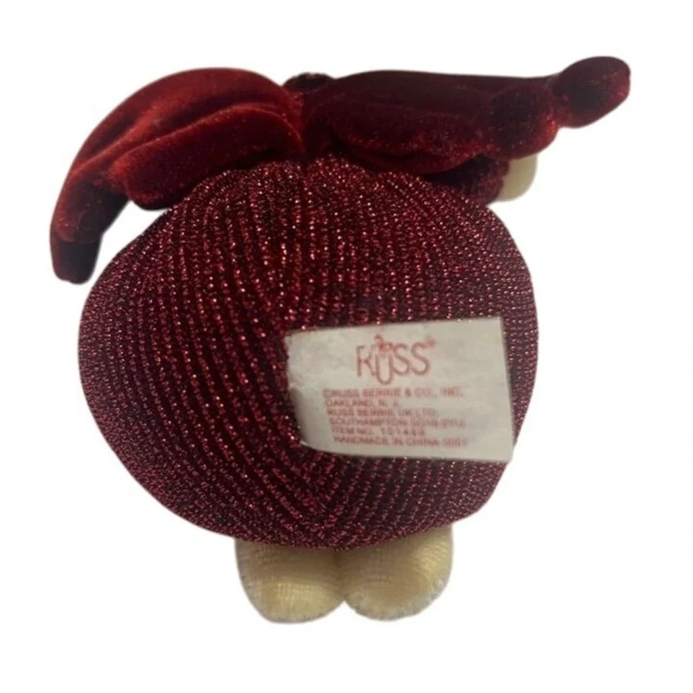 VTG Russ Small Angel Bear Christmas Ornament‎ Burgundy Dress & Wings